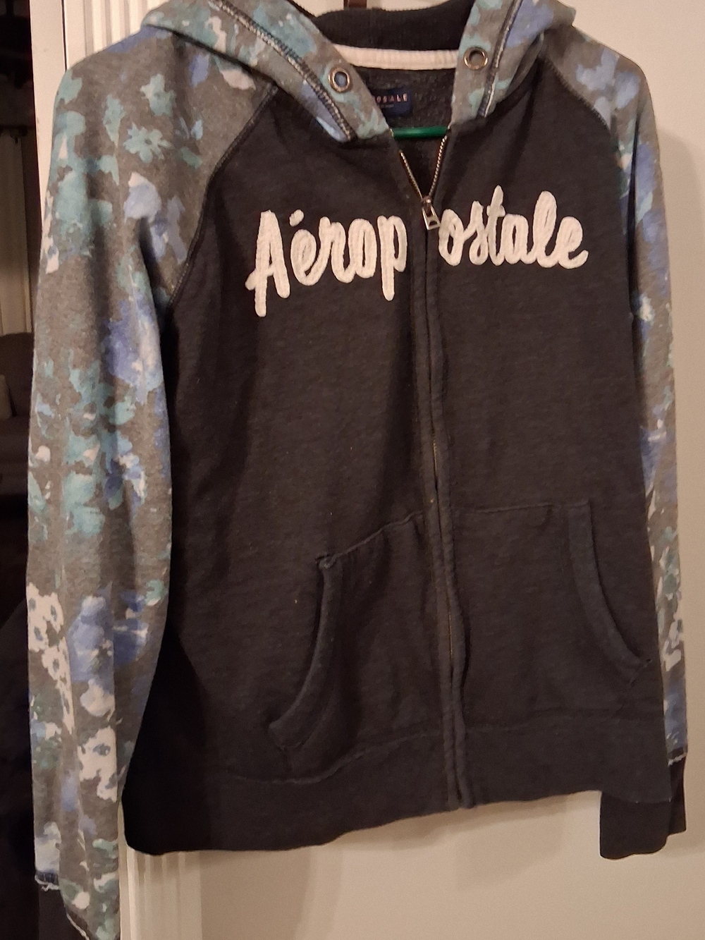 Aeropostale Girls' Gray Zip Hoodie with Blue Floral Sleeves